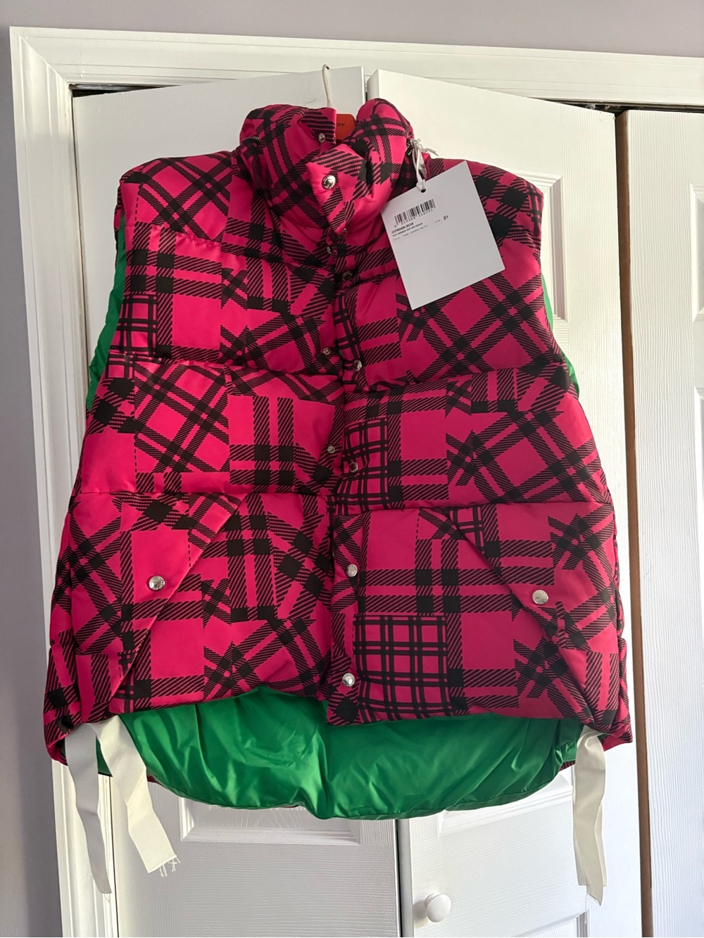 Plaid Puffer Vest - Hot Pink & Black
